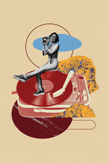 Image pop creative artwork collage of happy girl guy sit retro vinyl disk meloman playlist music celebration party nightclub