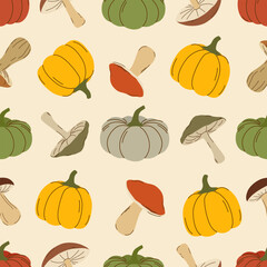 Hand-drawn autumn seamless pattern with mushrooms and pumpkins. Designed for wrapping paper, packaging, fabric, and textiles. Vector illustration.