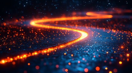 Abstract glowing path of light with digital particles over a textured surface.