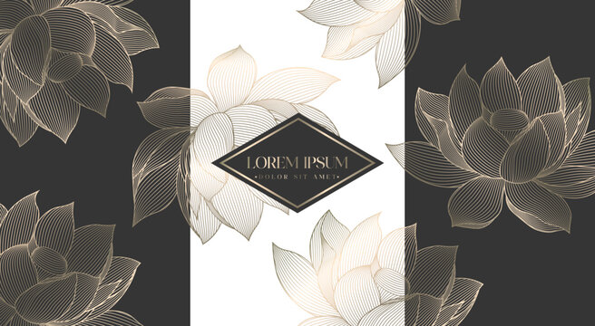 Elegant floral design with lotus flowers and a central diamond shaped text box on black and white background