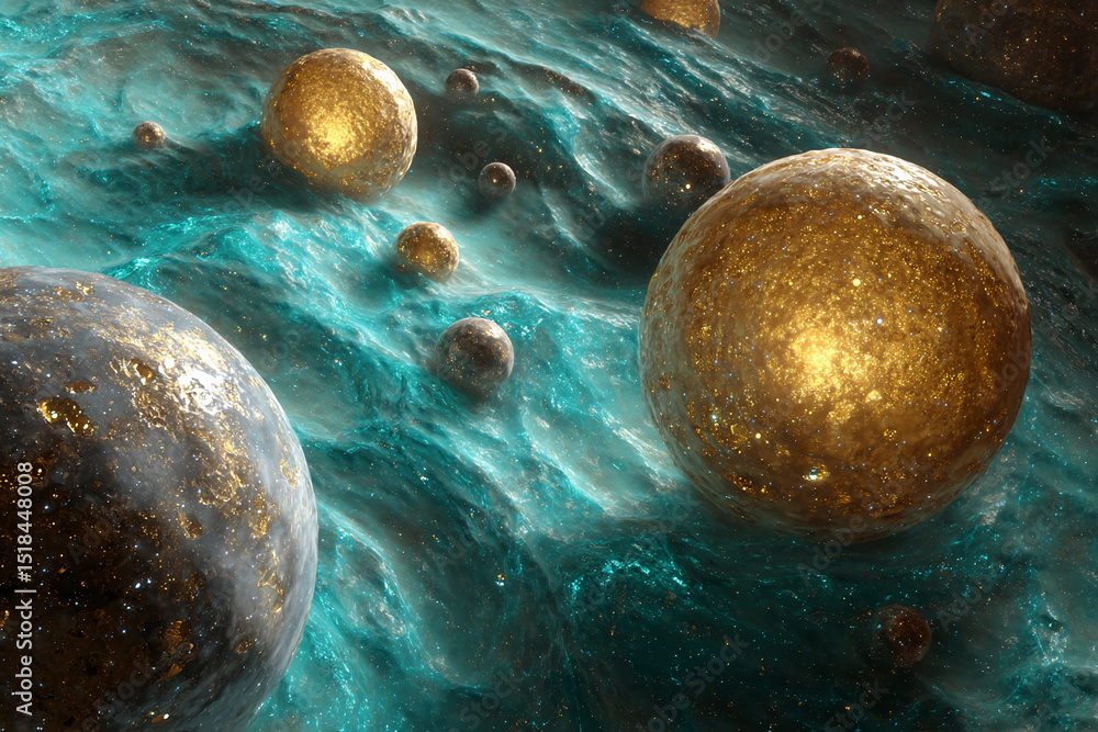 Poster golden and grey spheres float on teal liquid, creating a cosmic, abstract scene suggestive of a nebu