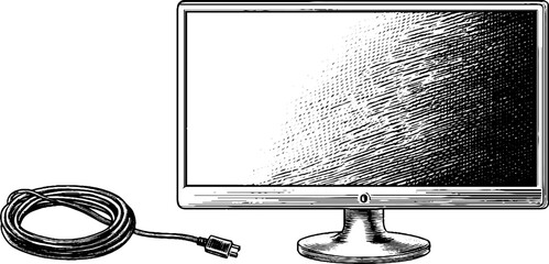 Vintage engraved illustration of computer monitor with cable for retro design