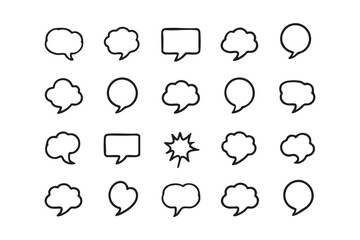 Speech bubble icon set in black and white line art style with various comic and chat message shapes