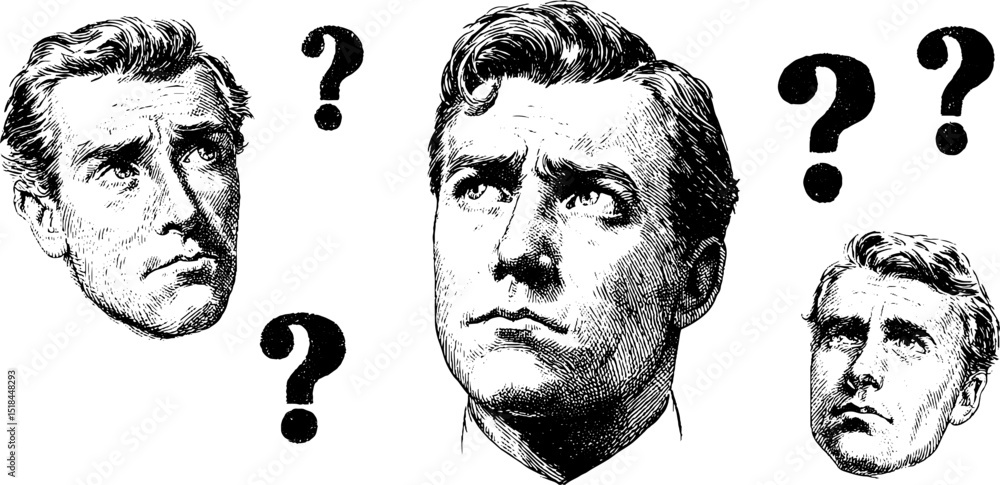 Poster engraved illustration set featuring confused faces and question marks for design use