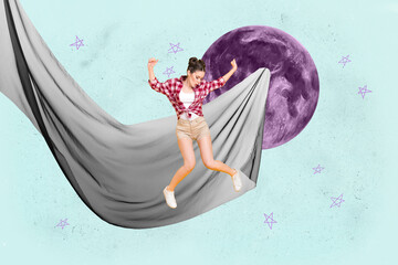 Banner 3d poster art collage of happy girl guy stand space galaxy moon planet cosmos discovery...