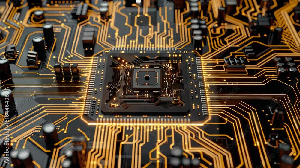 Poster detailed examination of a circuit board with glowing pathways and chips, highlighting the complexity