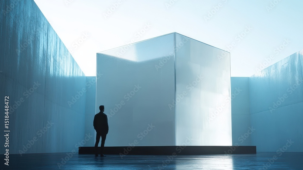 Poster man in front of a data manager cube