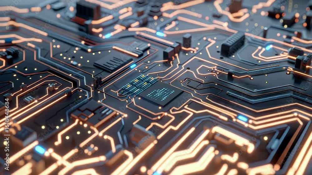 Poster this visual showcases a close-up look at a complex circuit board highlighting its glowing connection