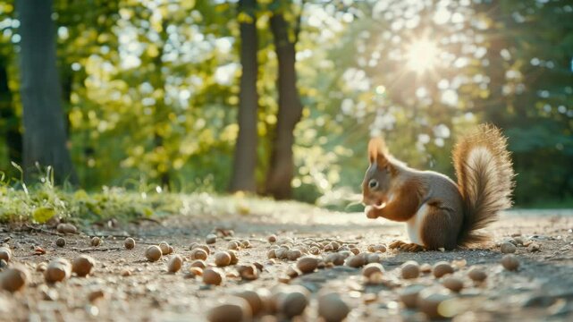 Squirrel collects acorns on a sunlit path through a tranquil park with lush trees during a peaceful afternoon
