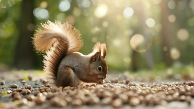 A curious squirrel collects nuts in a sun-drenched forest, surrounded by golden leaves and warm sunlight filtering through trees