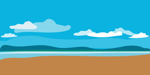Summer landscape empty sandy shore goes into the sea. White clouds on blue sky. Vector color landscape in flat style with space for copying. Design for travel agency, travel, vacations,  relax, beach