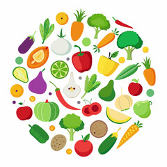 Colorful Circle of Fresh Fruits and Vegetables vibrant illustration various fruits vegetables arranged circular pattern fruits vegetables healthy food circle illustration food nutrition diet apple