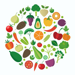 Colorful Circle of Fresh Fruits and Vegetables circular arrangement various fruits vegetables displayed vibrant colors fruits vegetables healthy food circle illustration design food icons tomato