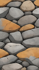Fototapeta premium Weathered river stone wall, gray and ocher colors, Wabi-sabi aesthetic, with minimalist brushstrokes suggesting Zen calligraphy and nature's imperfection. 