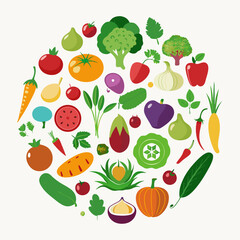 Colorful Variety of Fruits and Vegetables Circular arrangement various colorful fruits vegetables fruits vegetables food healthy diet nutrition tomato broccoli carrot cucumber pumpkin fig grape