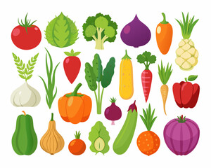 Colorful Collection of Fresh Vegetables Flat illustration various colorful vegetables including tomatoes peppers carrots and more vegetables fruits tomato carrot pepper broccoli onion garlic zucchini