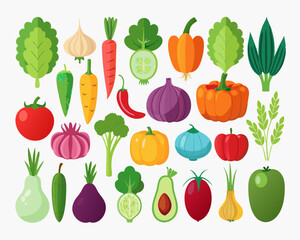 Colorful Collection of Fresh Fruits and Vegetables Flat illustration various colorful fruits vegetables vegetables fruits illustration food healthy colorful flat design tomato carrot cucumber onion