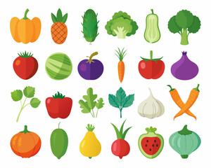 Colorful Flat Illustration of Various Fruits and Vegetables Collection colorful flat icons depicting different fruits vegetables fruits vegetables illustration icons flat design tomato pepper pumpkin