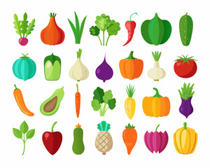 Colorful Flat Illustration of Various Vegetables Collection cartoon style vegetable icons vibrant colors vegetables fruits illustration flat design food healthy food cartoon tomato onion garlic pepper