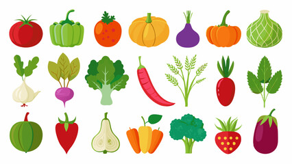 Colorful Collection of Various Fresh Vegetables Flat illustrations different fruits and vegetables displayed vibrant colors vegetables fruits tomato bell pepper pumpkin eggplant fig chilli garlic
