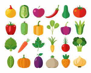 Colorful Flat Icons of Various Fruits and Vegetables Collection simple colorful icons representing different fruits vegetables fruits vegetables icons flat illustration design food healthy apple