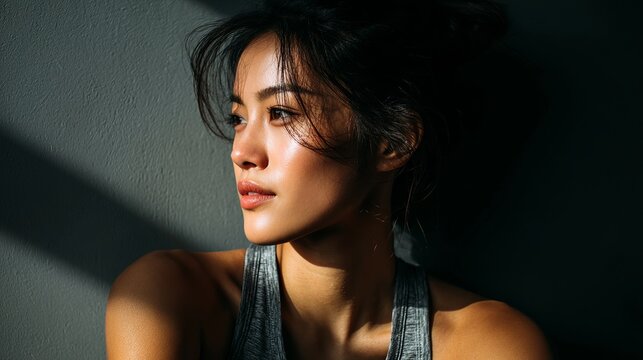 A young Asian woman is taking a break after exercising. She's wearing workout clothes and looking to the side.