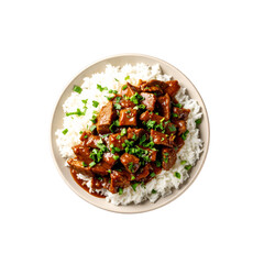  Sizzling Beef Rice Bowl with Savory Glaze and Scallion Garnish, Rustic Table Setting" 