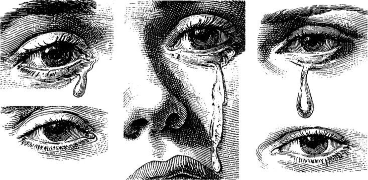 Engraved illustration set featuring tearful eyes and tears for emotional design concepts