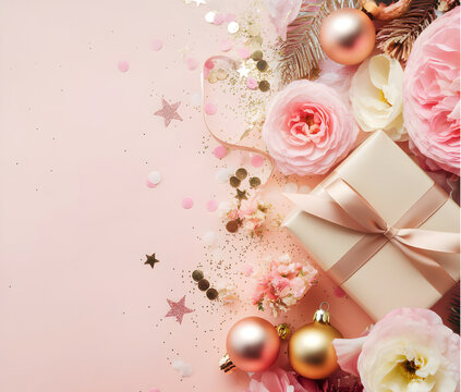 Pink and Gold Gift Box with Carnations and Confetti on Pastei BACKGROUND