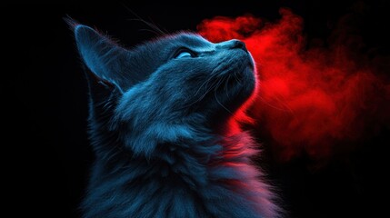 Obraz premium Blue cat looking up, red light and black background
