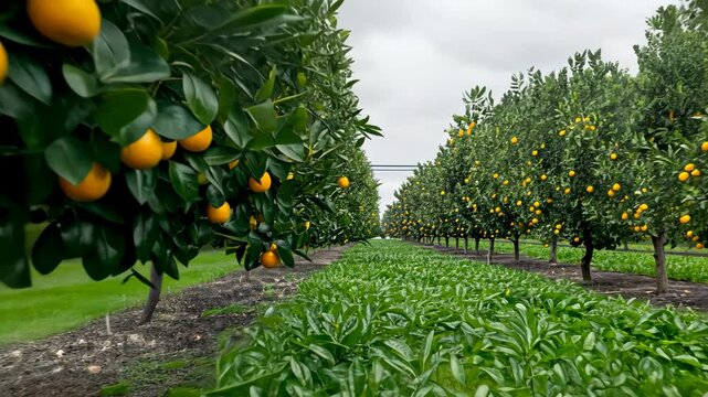 Orchard guests wander through rows of lush orange trees in a lively grove, surrounded by the fruits ready for harvest