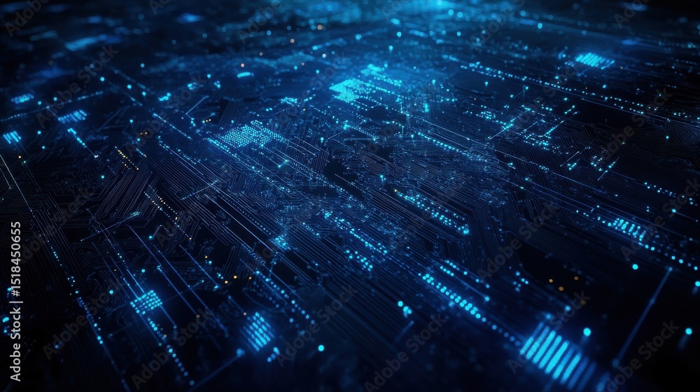 Poster blue digital world map with glowing network lines and data points, ideal for global communication an