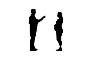 A doctor is giving advice to a pregnant woman looking at her mobile phone vector.