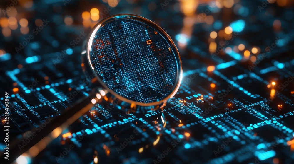 Aufkleber a magnifying glass examines blue binary code, illustrating the importance of data analysis in digita