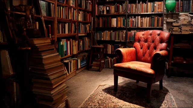 A cozy reading nook with a comfortable armchair surrounded by bookshelves filled with a collection of literary works.