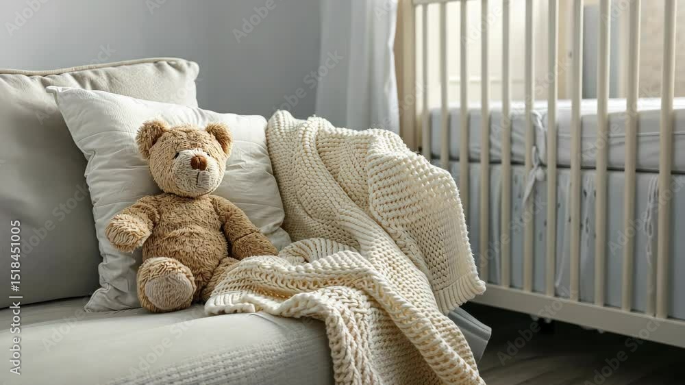 Poster a peaceful nursery setup features a plush teddy bear on a couch with a soft blanket, creating a calm