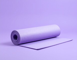 Rolled Purple Yoga Mat Partially Unrolled on Matching Purple Background, Minimalist Fitness and Wellness Equipment Concept