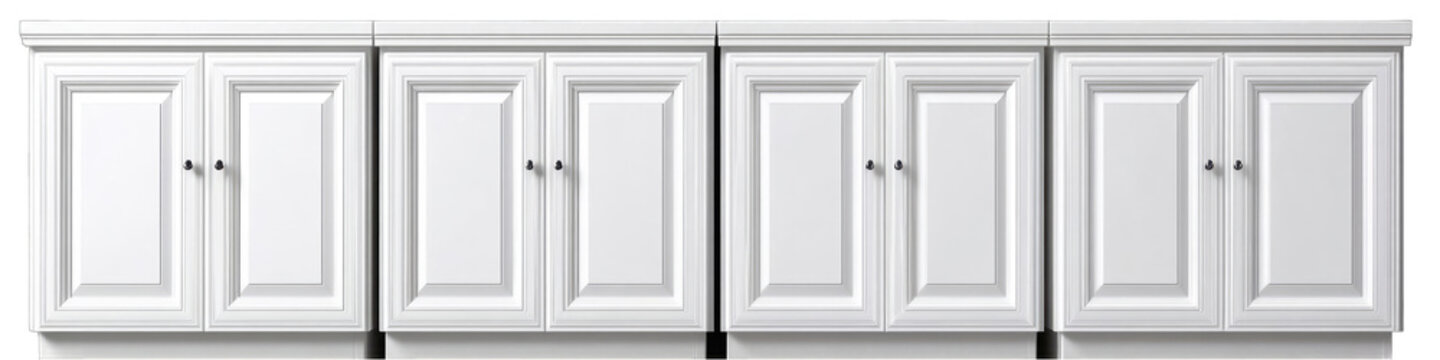 Row of four white double-door cabinets