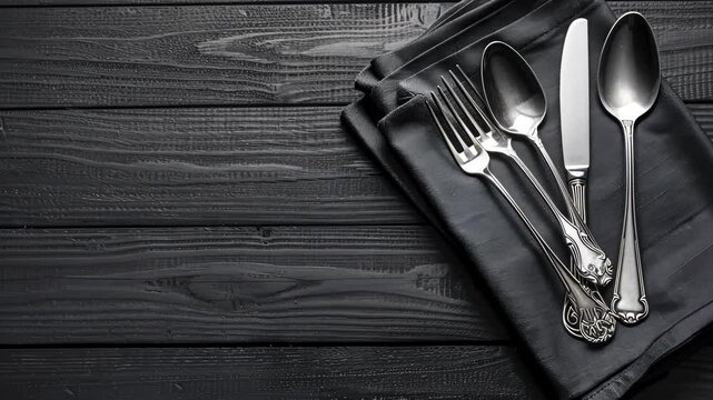 A sophisticated arrangement of silver cutlery placed on a black tablecloth, suitable for an elegant dining experience