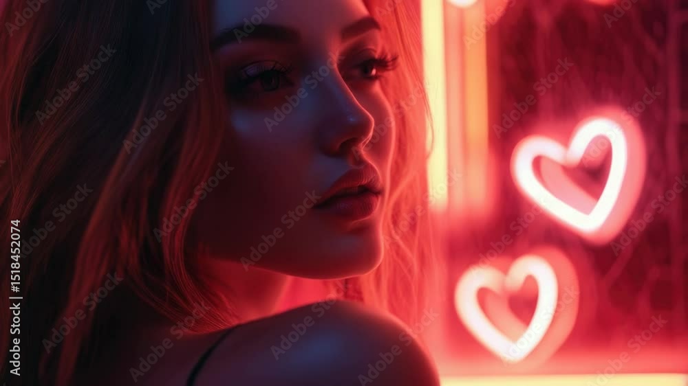 Poster a woman with long blonde hair stands illuminated by a red light, perfect for use in editorial or com