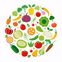 Colorful Variety of Fresh Fruits and Vegetables Circular arrangement various fruits vegetables vibrant colors vegetables fruits food healthy circle design illustration tomato carrot broccoli pepper