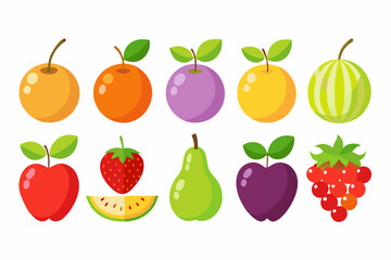 Colorful Flat Illustration of Various Fruits Cartoon style fruits including apples oranges plums watermelons pears strawberries and red berries fruits illustration apple orange plum watermelon