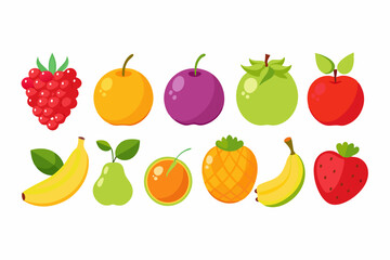 Collection of Colorful Cartoon Fruits Flat illustration various fruits including berries apples oranges plums bananas and more fruits berries apple orange plum banana strawberry pineapple