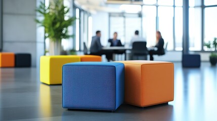 Vibrant modern office interior featuring colorful seating cubes in blue, orange, yellow, and black with collaborative young startup group in background.
