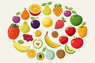 Colorful Variety of Fruits in a Circular Design circular arrangement various colorful fruits fruits apple banana orange pear plum strawberry pineapple kiwi watermelon mango peach