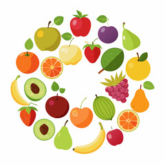 Colorful Variety of Fruits in a Circular Design circular arrangement various fruits vibrant colors fruits apple orange banana pear plum strawberry grape raspberry kiwi watermelon