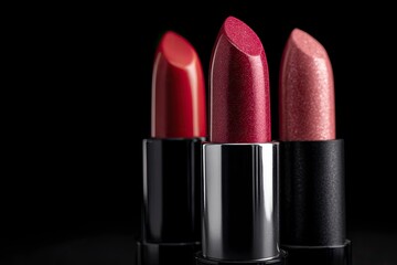 Obraz premium Three lipsticks glossy and distinct in color stand against a stark black backdrop