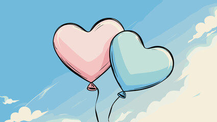 Two heart-shaped balloons floating in a blue sky with fluffy clouds