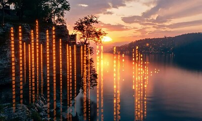 Sunset over a Cliffside Town with Digital Alphabet Overlay - Powered by Adobe