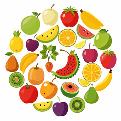 Colorful Variety of Fruits in a Circular Design vibrant illustration various fruits arranged circular pattern fruits vegetables apple banana orange watermelon kiwi plum pear tomato